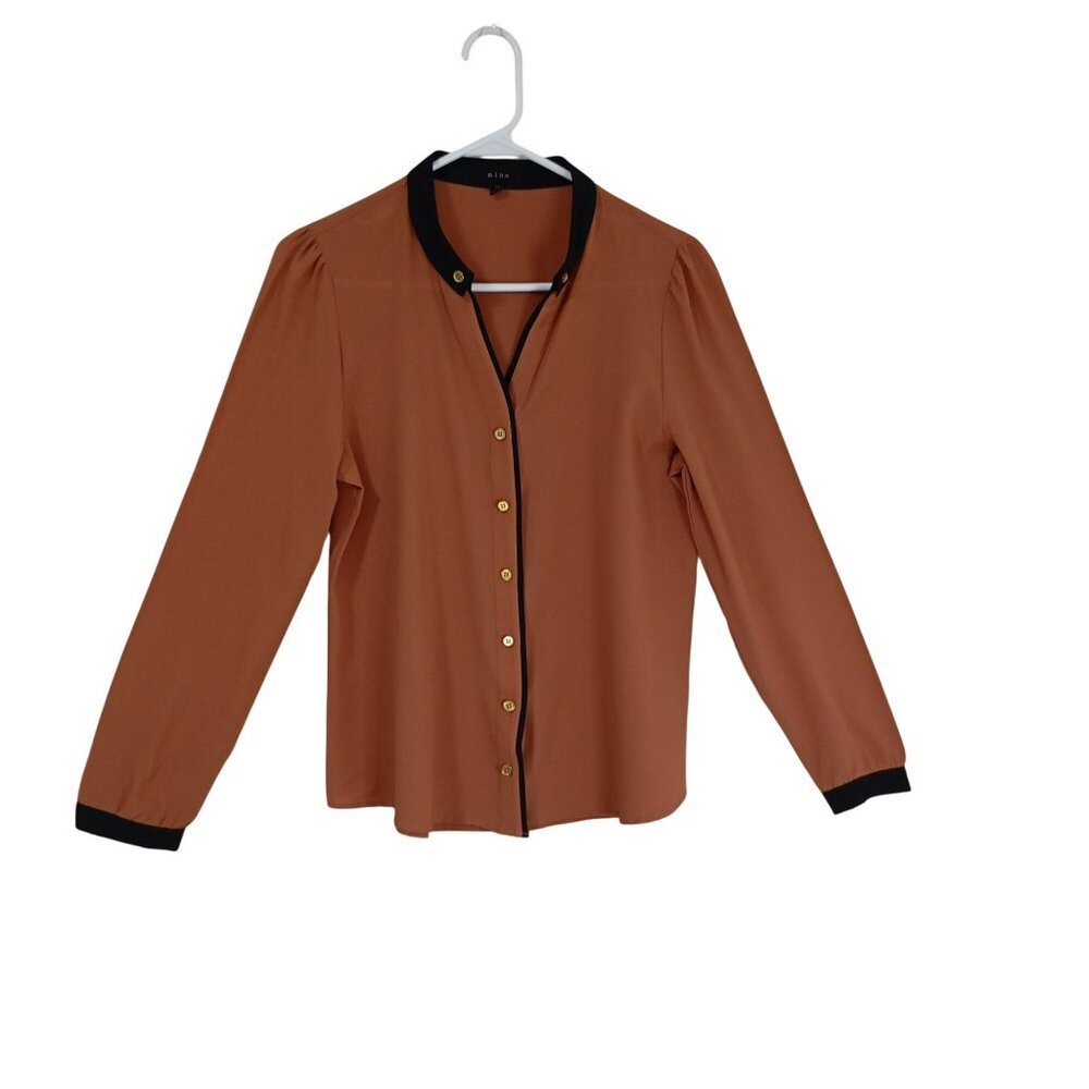 Mine Blouse Rust Orange Button-Down Whit Black Trim & Gold Buttons Womens Sz M